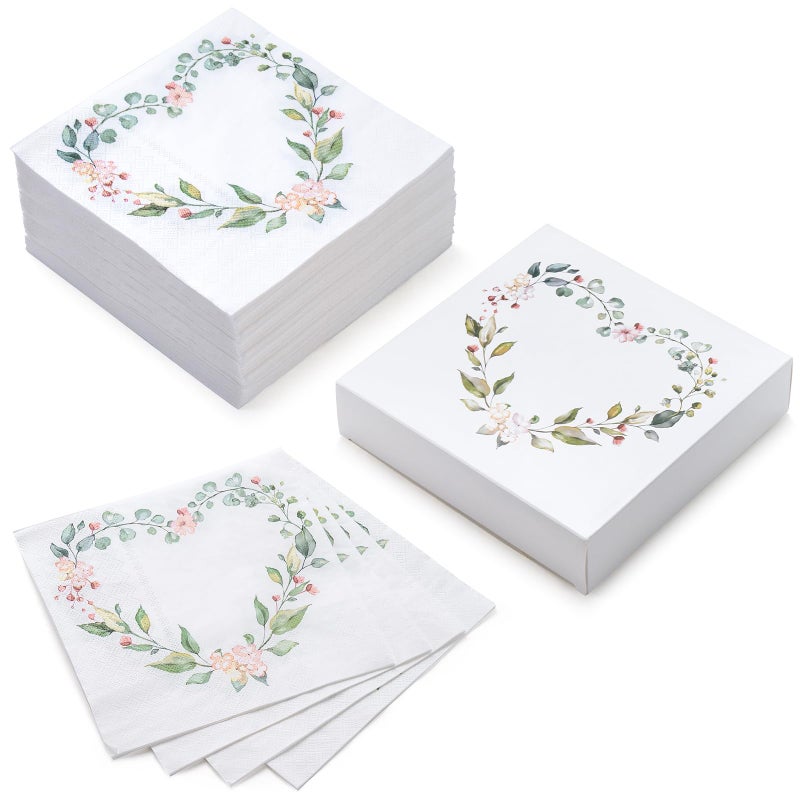 WRAPAHOLIC 50Pcs Floral Wedding Napkins - 3 Ply Floral Botanical Heart Wedding Disposable Paper Luncheon Napkin for Wedding  Engagement  Bridal Shower  Tableware Party Supplies - 6.5 x 6.5 In - Image 2