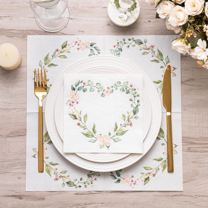 WRAPAHOLIC 50Pcs Floral Wedding Napkins - 3 Ply Floral Botanical Heart Wedding Disposable Paper Luncheon Napkin for Wedding  Engagement  Bridal Shower  Tableware Party Supplies - 6.5 x 6.5 In - Image 4