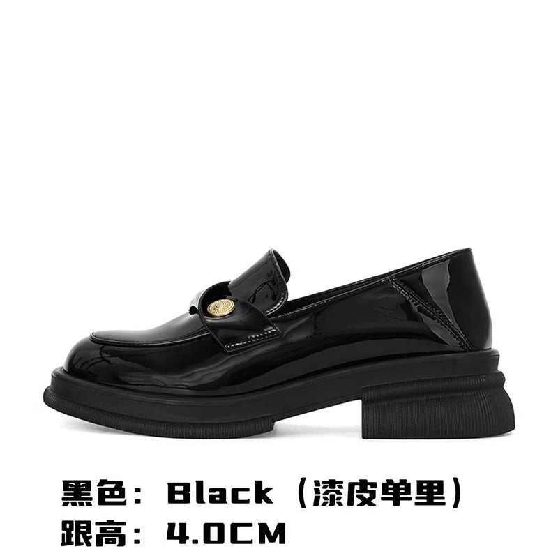 ~ Grape Mom Same Style Loafers Women'S Shoes British Style Small Gold Button Thick Bottom Small Leather Shoes Thick Heeled Fleece-Lined Shoes - Image 1