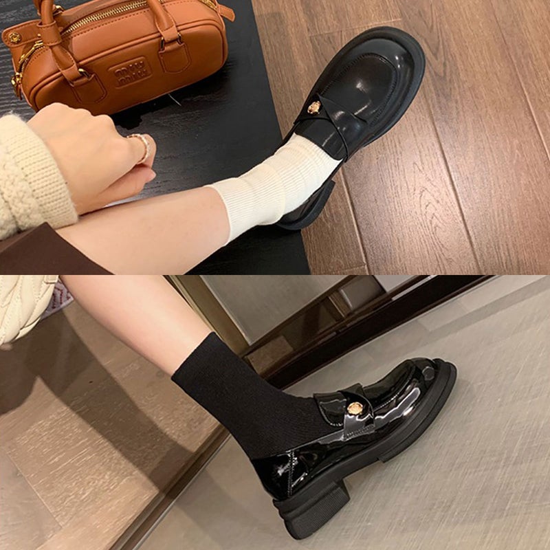 ~ Grape Mom Same Style Loafers Women'S Shoes British Style Small Gold Button Thick Bottom Small Leather Shoes Thick Heeled Fleece-Lined Shoes - Image 4