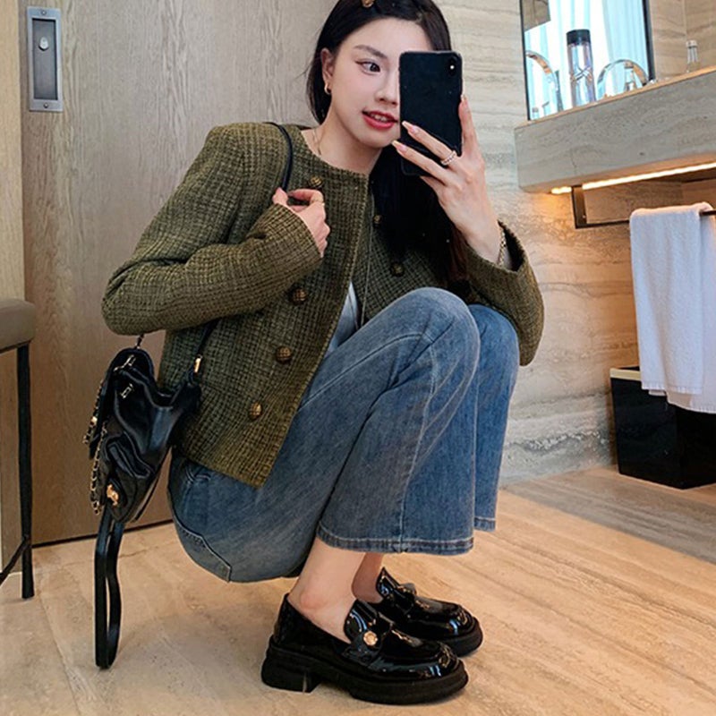 ~ Grape Mom Same Style Loafers Women'S Shoes British Style Small Gold Button Thick Bottom Small Leather Shoes Thick Heeled Fleece-Lined Shoes - Image 5