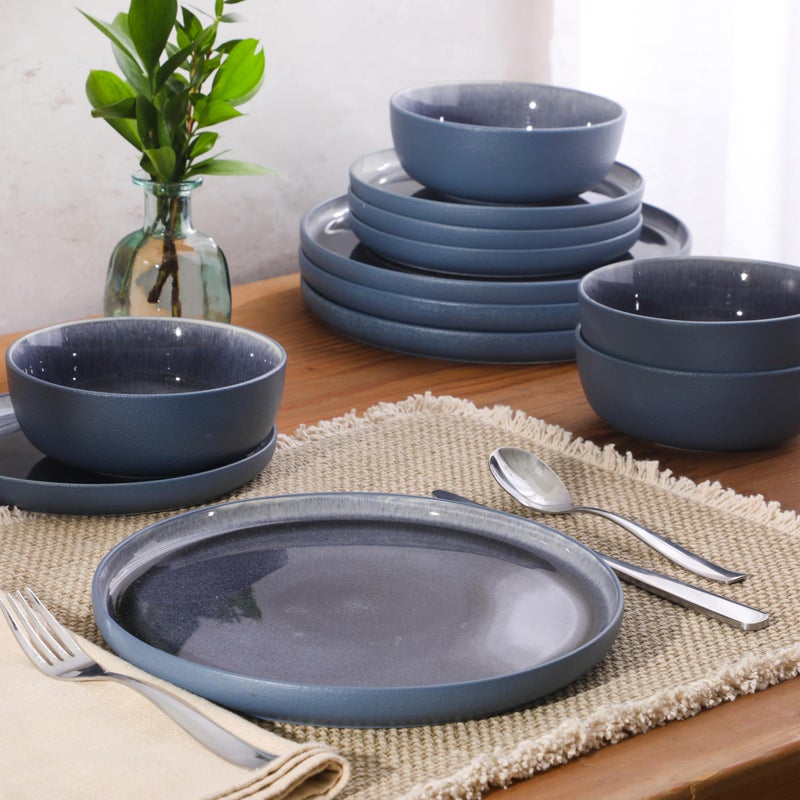 Gibson Elite Tahoe Sunset 12-Piece Reactive Stoneware Dinnerware Set â€“ Matte Exterior & Shiny Interior Plates and Bowls, Durable Everyday Dish Set, Microwave & Dishwasher Safe - Blue - Image 3