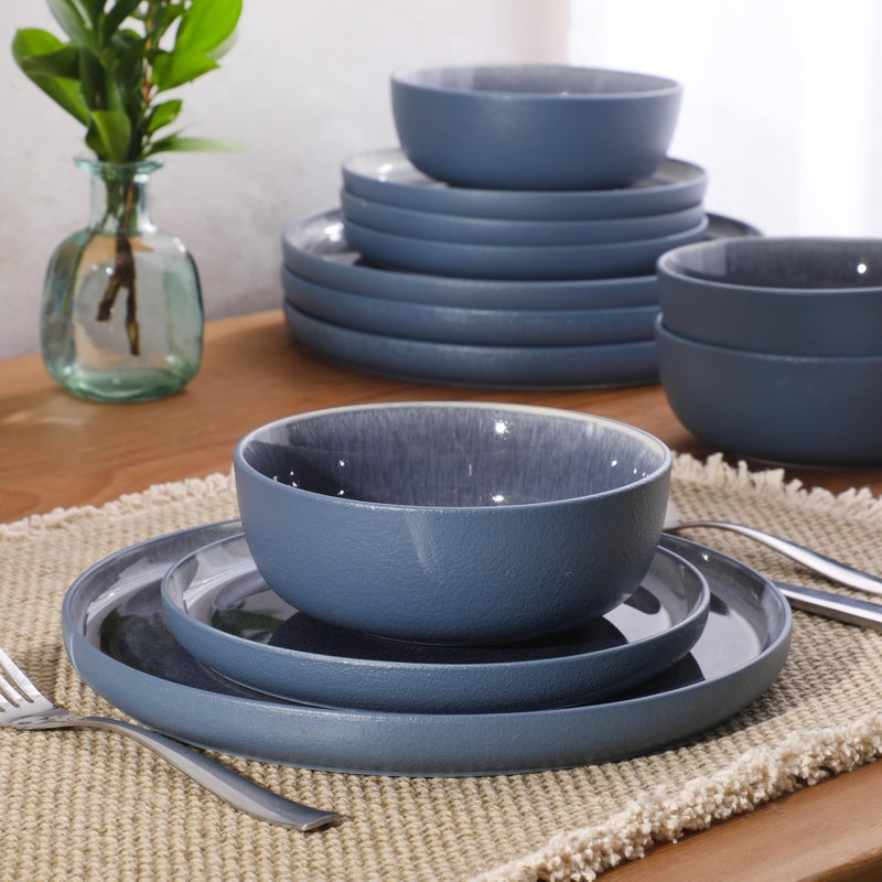 Gibson Elite Tahoe Sunset 12-Piece Reactive Stoneware Dinnerware Set â€“ Matte Exterior & Shiny Interior Plates and Bowls, Durable Everyday Dish Set, Microwave & Dishwasher Safe - Blue - Image 2