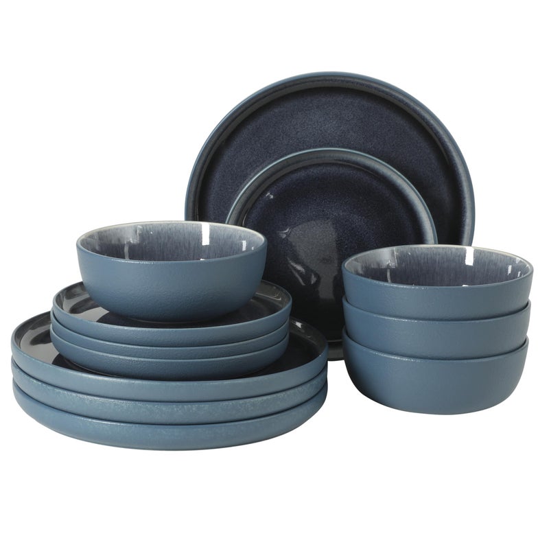 Gibson Elite Tahoe Sunset 12-Piece Reactive Stoneware Dinnerware Set â€“ Matte Exterior & Shiny Interior Plates and Bowls, Durable Everyday Dish Set, Microwave & Dishwasher Safe - Blue - Image 1