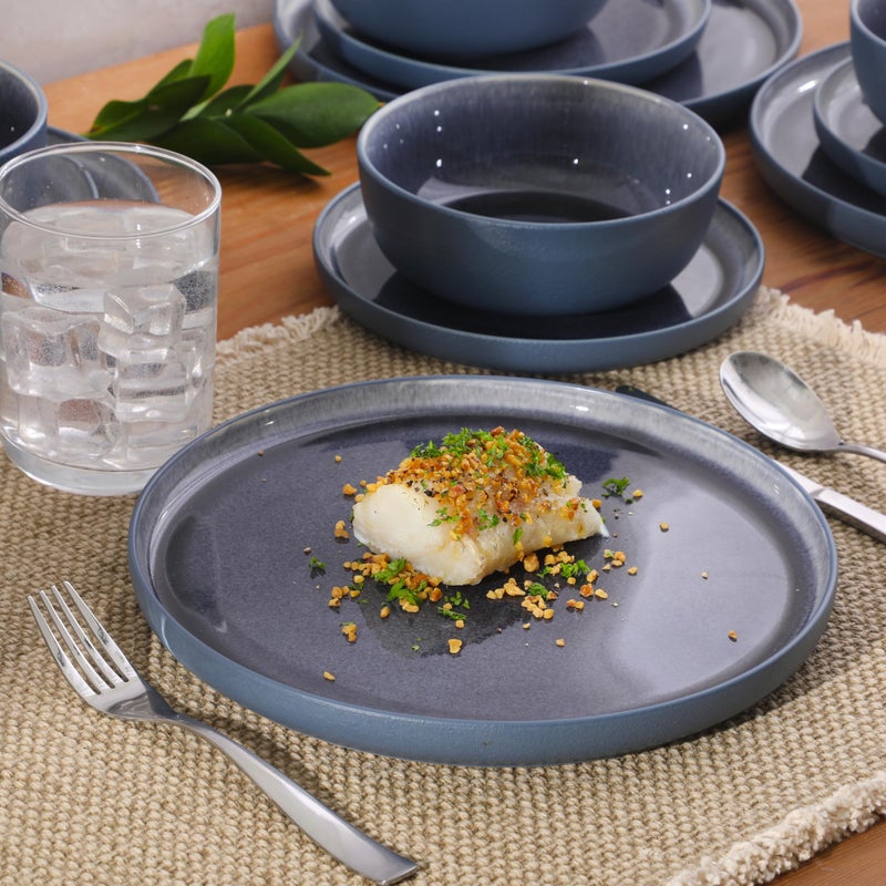 Gibson Elite Tahoe Sunset 12-Piece Reactive Stoneware Dinnerware Set â€“ Matte Exterior & Shiny Interior Plates and Bowls, Durable Everyday Dish Set, Microwave & Dishwasher Safe - Blue - Image 4