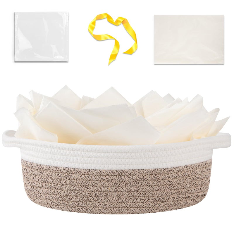Oiahomy Gift Basket Empty With Handle  12""X 8""X 5"" Small Woven Basket With Gift Bag  Ribbon And Wrap Tissue Paper  Dog Toy Storage For Organizing - Brown & White - Image 1