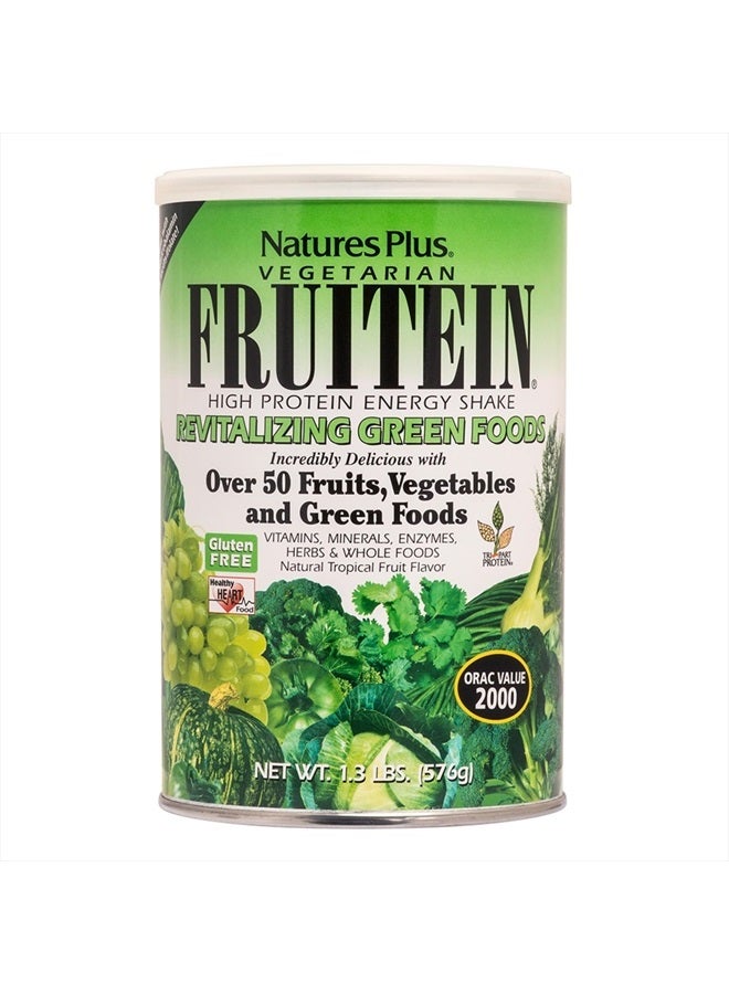 Natures Plus Fruitein Revitalizing Green Foods High Protein Energy Shake - Tropical Fruit Flavor - 1.3 lbs, Vegetarian Powder - Plant-Based Meal Replacement - Non-GMO, Gluten-Free - 16 Servings - Image 1