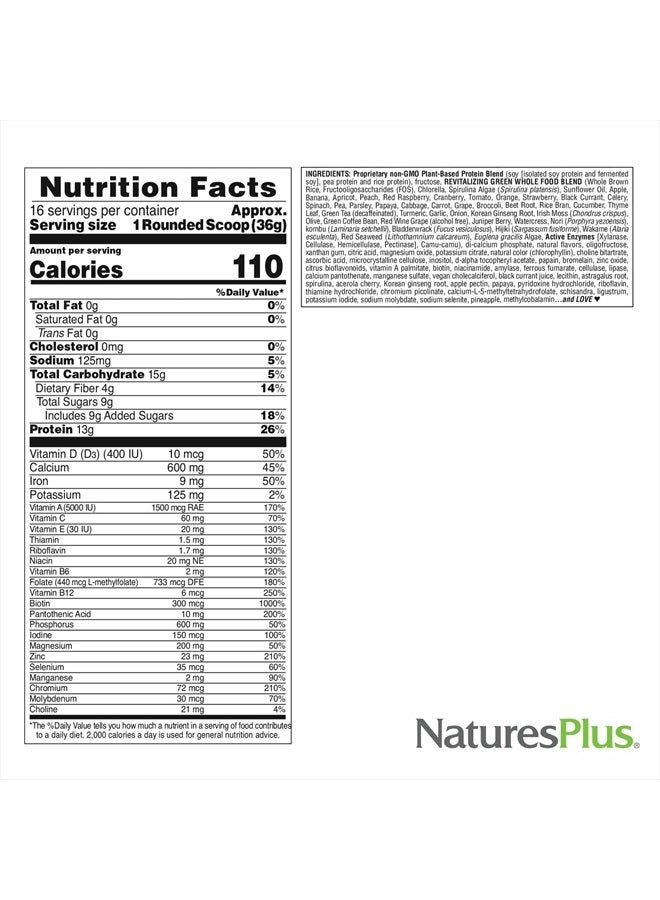 Natures Plus Fruitein Revitalizing Green Foods High Protein Energy Shake - Tropical Fruit Flavor - 1.3 lbs, Vegetarian Powder - Plant-Based Meal Replacement - Non-GMO, Gluten-Free - 16 Servings - Image 4
