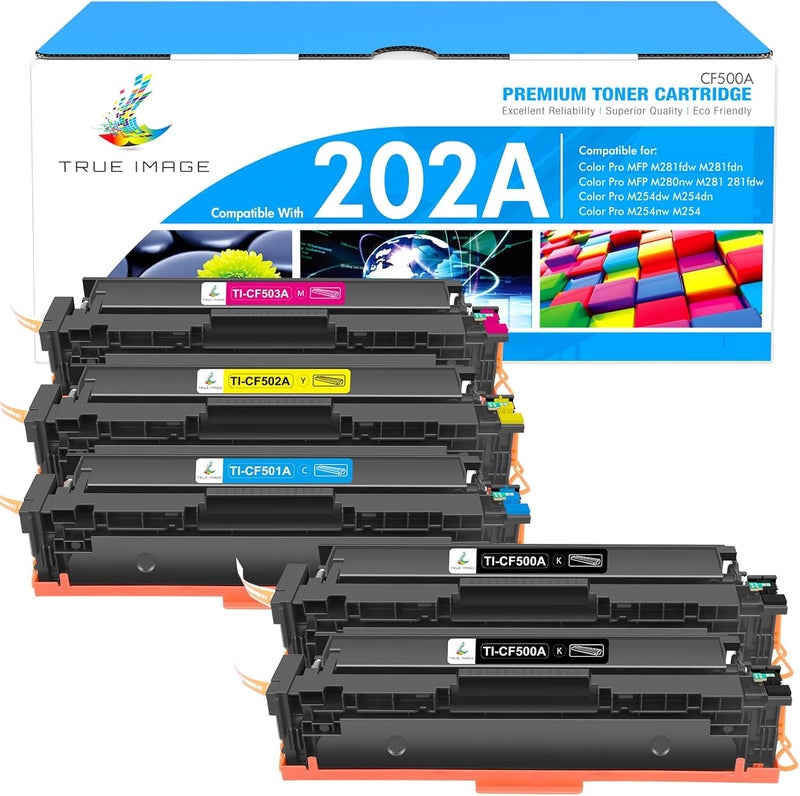 TRUE IMAGE Compatible Toner Cartridge Replacement for HP 202A CF500A 202X HP Color Pro MFP M281fdw M281cdw M254dw M281fdn M254dn M254nw M281 M254 Toner Printer Ink (Black Cyan Yellow Magenta, 5-Pack) - Image 1