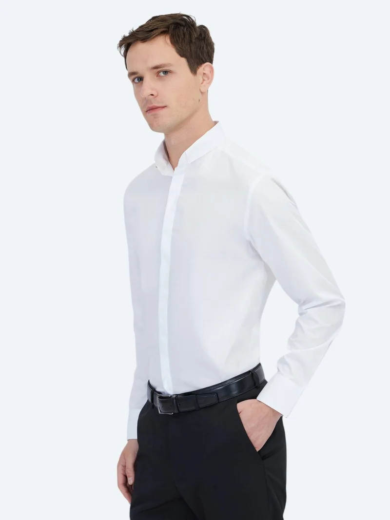 Kip White Regular Fit Weaving Classical 100% Cotton Shirt