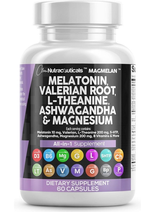 Clean Nutraceuticals كلين نيوترسوتيكلز ميلاتونين 10 ملغ جذر فاليريان L ثيانين 200 ملغ أشواغاندا - دعم النوم للنساء والرجال مع مركب المغنيسيوم، بلسم الليمون، البابونج، وزهرة العاطفة - 60 كبسولة - Image 1
