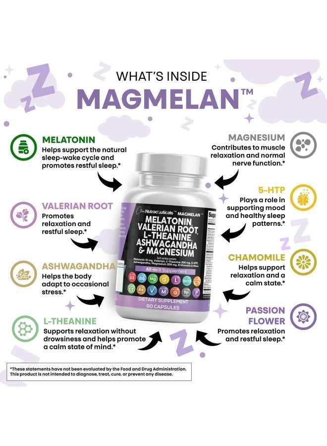 Clean Nutraceuticals كلين نيوترسوتيكلز ميلاتونين 10 ملغ جذر فاليريان L ثيانين 200 ملغ أشواغاندا - دعم النوم للنساء والرجال مع مركب المغنيسيوم، بلسم الليمون، البابونج، وزهرة العاطفة - 60 كبسولة - Image 3