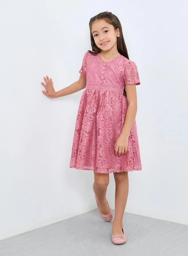 Styli Girls Pink Lace A-Line Knee-Length Dress