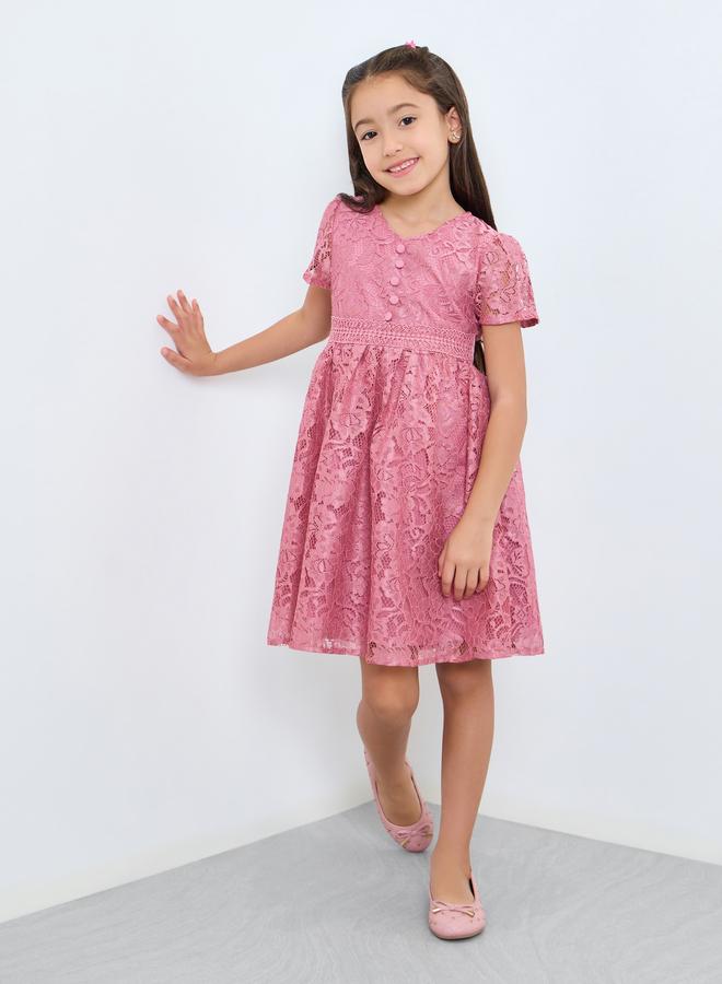 Styli Girls Pink Lace A-Line Knee-Length Dress - Image 2