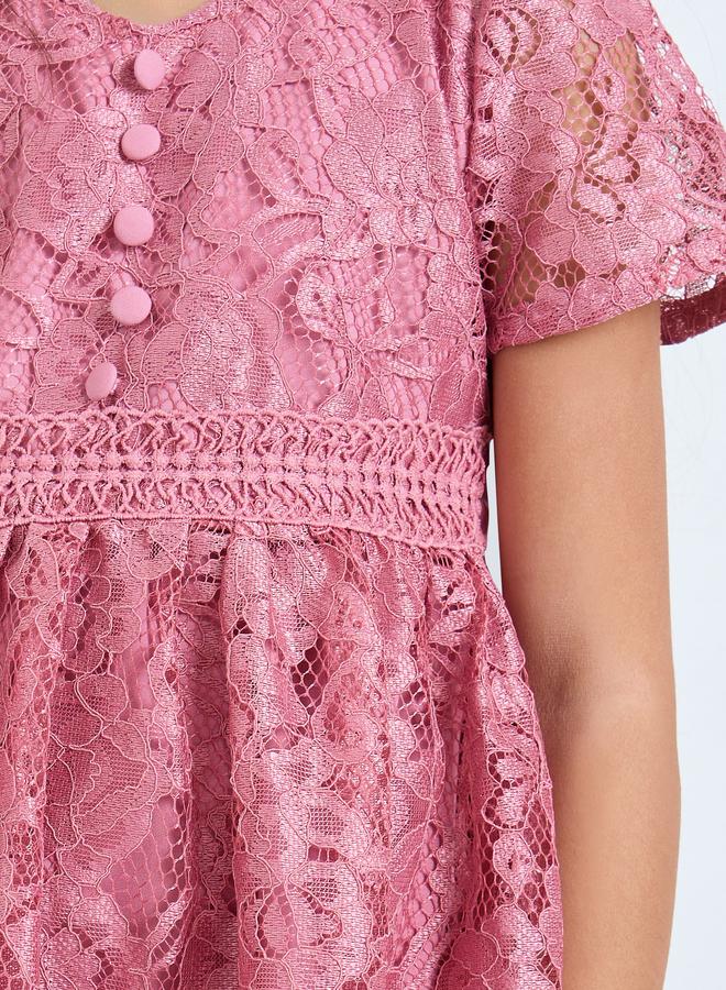 Styli Girls Pink Lace A-Line Knee-Length Dress - Image 4
