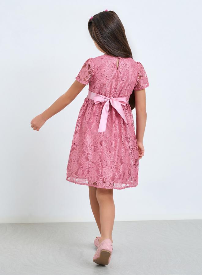 Styli Girls Pink Lace A-Line Knee-Length Dress - Image 5