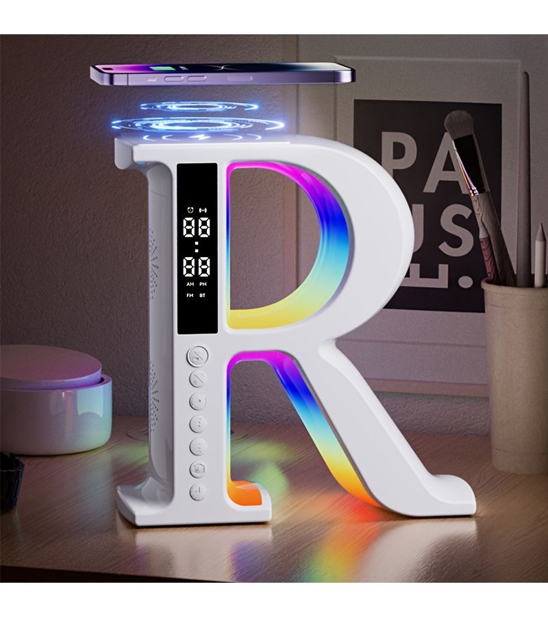 Large R Shaped Wireless Speaker With White Ambient Light Clock Alarm And Wireless Charging For Night Bedroom Living Room - Image 1
