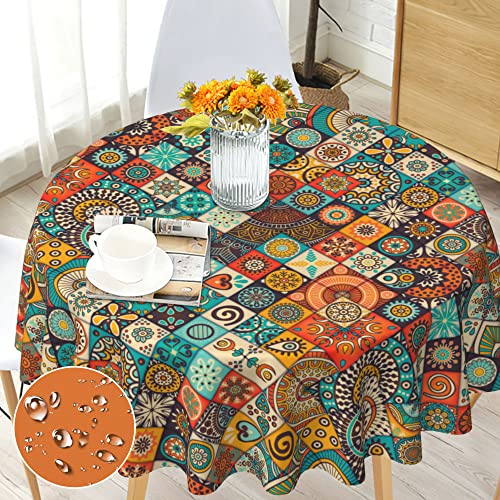 Boho Round Tablecloth 60 inch Bohemian Circle Table Cloth Stain Resistance Water Repellent and WrinkleFree Colorful Tablecloth Decor for Home Kitchen Dining Party Patio Indoor and Outdoor Use