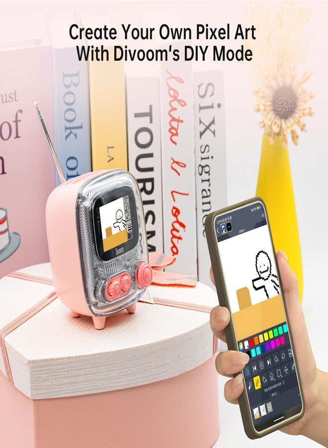 ديفوم مكبر صوت بلوتوث Divoom Tiivoo-2 بتصميم كلاسيكي مع راديو FM، مكبر صوت لاسلكي صغير محمول بتصميم بكسل، ديكور عتيق مناسب للحفلات والمكاتب والمنازل وغرف النوم والمطابخ، هدية مثالية للنساء والرجال، لون وردي - Image 4