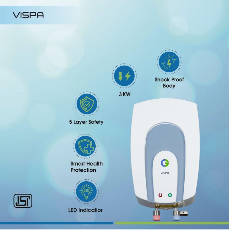 CG Vispa 3L (3 Litre) Instant Water Heater (Instant geyser) | 5 Layer Safety | Rust Proof Non-corrosive body | ISI Mark | LED Indicator | For Home, bathroom, kitchen | White - Image 2