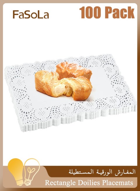 100 PCS Rectangle Paper Doilies Lace Placemats Disposable Greaseproof White for Table Wedding Birthday Cakes Desserts Food Decoration 19×30cm(White)