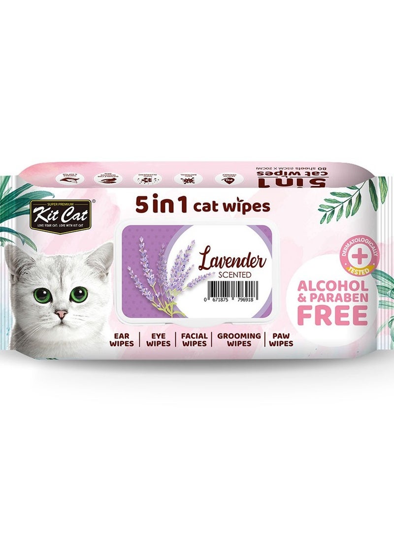 كيت كات مناديل مبلله للقطط برائحة اللافندر- مناديل مبللة للقطط 5 في 1 لتنظيف الأذن، العين، الوجه، الفرو والكفوف - 80 منديل - Image 1
