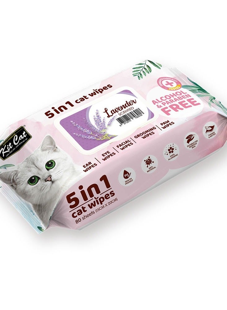 كيت كات مناديل مبلله للقطط برائحة اللافندر- مناديل مبللة للقطط 5 في 1 لتنظيف الأذن، العين، الوجه، الفرو والكفوف - 80 منديل - Image 2