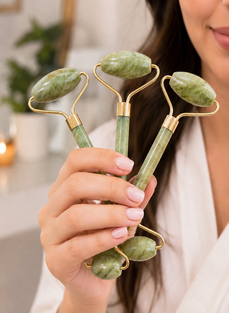 MARGOUN 3-Pack Natural Jade Roller for Face and Neck – Dual-Sided Facial Massager Roller Kit for Anti-Aging, Wrinkle Reduction, Skin Tightening & Lymphatic Drainage – Green & Gold Luxury Spa Set - Image 3