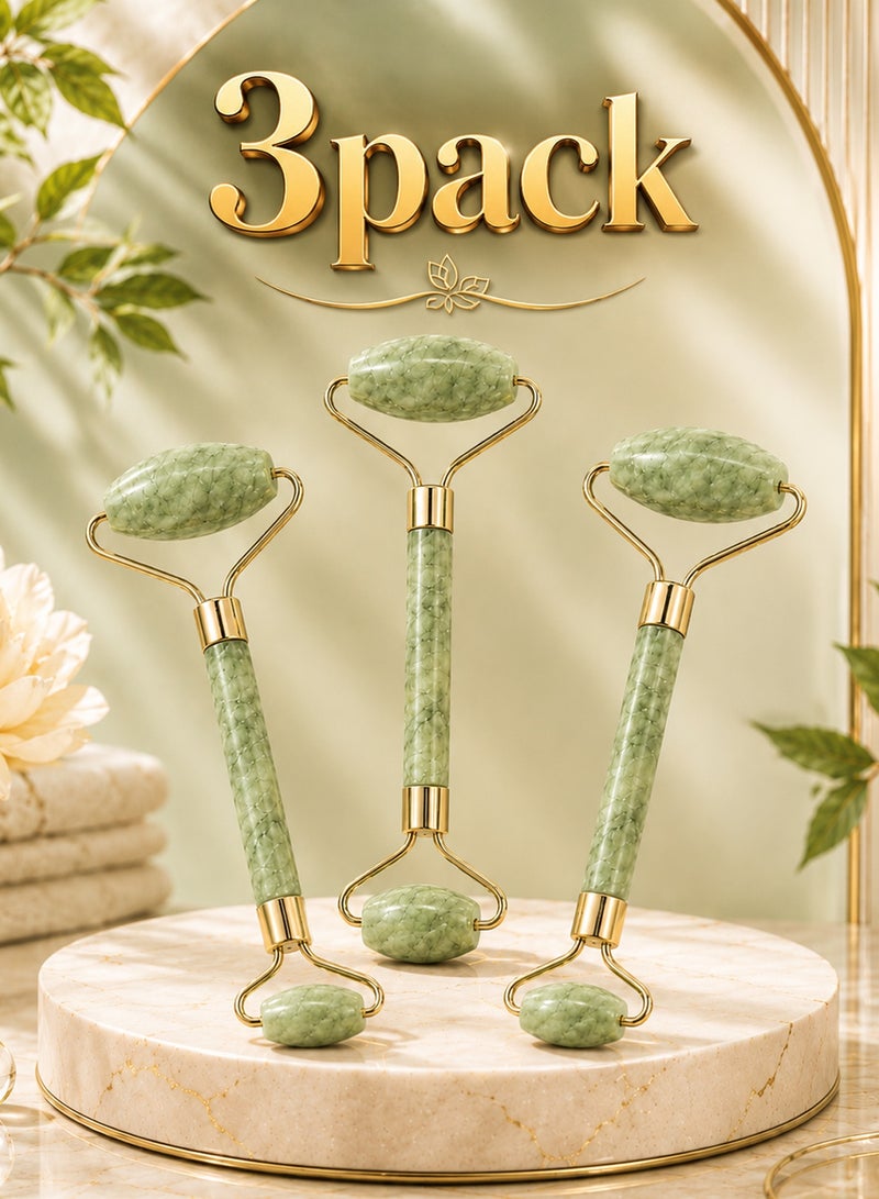 MARGOUN 3-Pack Natural Jade Roller for Face and Neck – Dual-Sided Facial Massager Roller Kit for Anti-Aging, Wrinkle Reduction, Skin Tightening & Lymphatic Drainage – Green & Gold Luxury Spa Set - Image 1