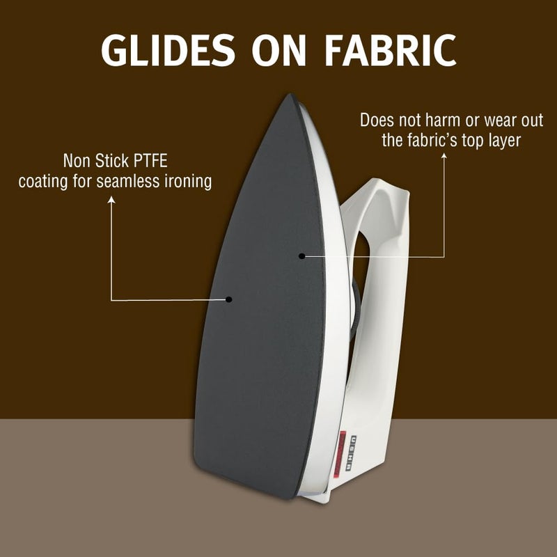 Usha 2802 1000 واط مكواة جافة مع هيكل معدني | قاعدة غير لاصقة سوداء بطبقة واحدة لدوام أطول | fuse أمان حراري | سلك دوار 180° | ضمان لمدة 2 سنوات | (أبيض) - Image 3