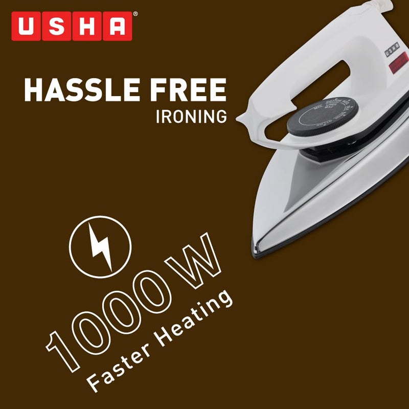 Usha 2802 1000 واط مكواة جافة مع هيكل معدني | قاعدة غير لاصقة سوداء بطبقة واحدة لدوام أطول | fuse أمان حراري | سلك دوار 180° | ضمان لمدة 2 سنوات | (أبيض) - Image 2