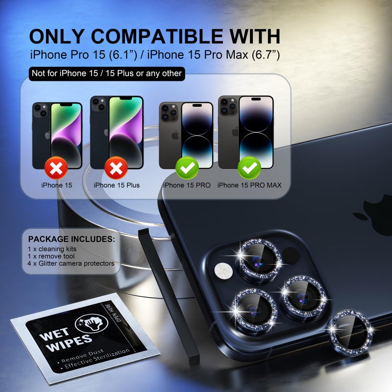 Choiche Compatible for iPhone 15 Pro/iPhone 15 Pro Max Camera Lens Protector Bling, 9H Tempered Glass Camera Cover Screen Protector Metal Ring Decoration Accessories (Glitter-Blue) - Image 2