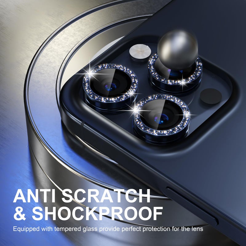 Choiche Compatible for iPhone 15 Pro/iPhone 15 Pro Max Camera Lens Protector Bling, 9H Tempered Glass Camera Cover Screen Protector Metal Ring Decoration Accessories (Glitter-Blue) - Image 3