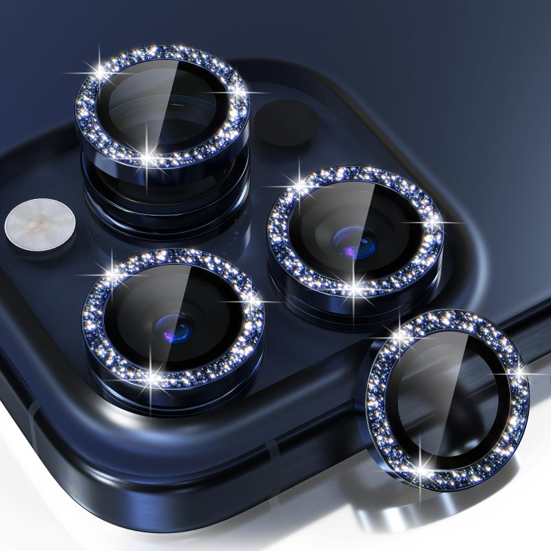 Choiche Compatible for iPhone 15 Pro/iPhone 15 Pro Max Camera Lens Protector Bling, 9H Tempered Glass Camera Cover Screen Protector Metal Ring Decoration Accessories (Glitter-Blue) - Image 1