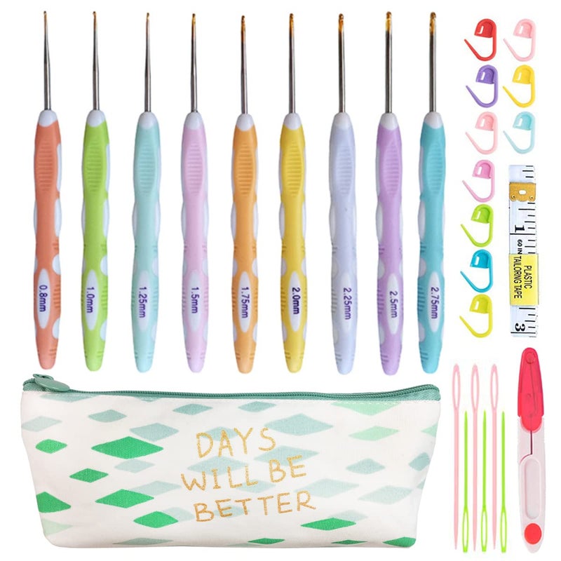 Weabetfu Latest Set of 27 PCS Small Size Crochet Hook Set with Case,Ergonomic Handle Crochet Hook Needles for Arthritic Hands, Thread Crochet Steel Lace Hooks Size 0.8mm to 2.75mm - Image 1