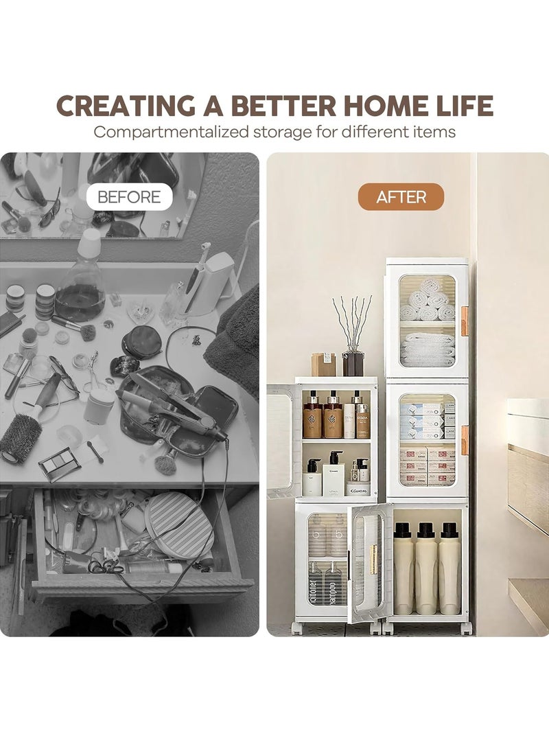 Storage Bins with Lids and Doors Storage Cabinet with Wheels Plastic Stackable Pantry Cabinet Cupboard Closet Foldable Kitchen Collapsible Storage Bins for Book Snack and Bathroom Organizer - Image 2