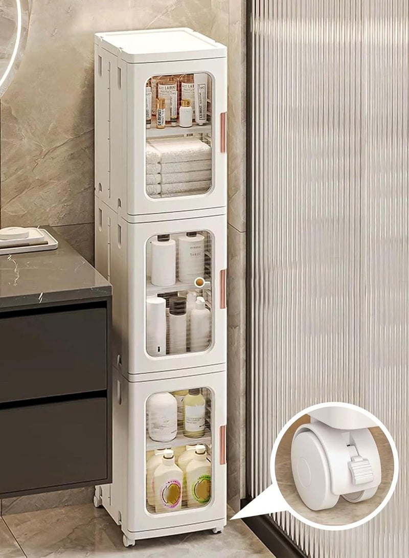 Storage Bins with Lids and Doors Storage Cabinet with Wheels Plastic Stackable Pantry Cabinet Cupboard Closet Foldable Kitchen Collapsible Storage Bins for Book Snack and Bathroom Organizer - Image 1