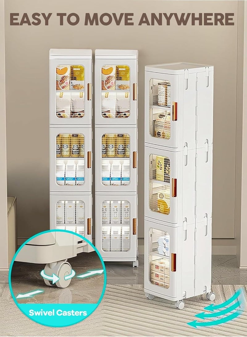 Storage Bins with Lids and Doors Storage Cabinet with Wheels Plastic Stackable Pantry Cabinet Cupboard Closet Foldable Kitchen Collapsible Storage Bins for Book Snack and Bathroom Organizer - Image 3