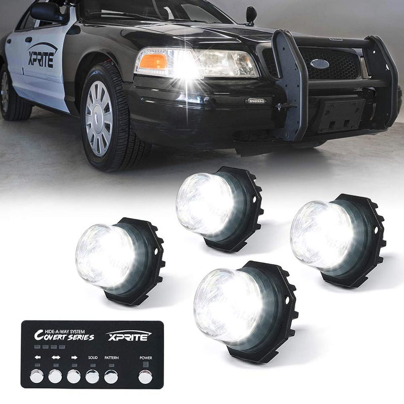 Xprite 4PCS LED Hideaway Strobe Lights Kit White 20 Flash Modes Control Panel Included Ideal for Emergency Vehicles Trucks Cars Headlights Taillights Fog Lights Hazard Warning