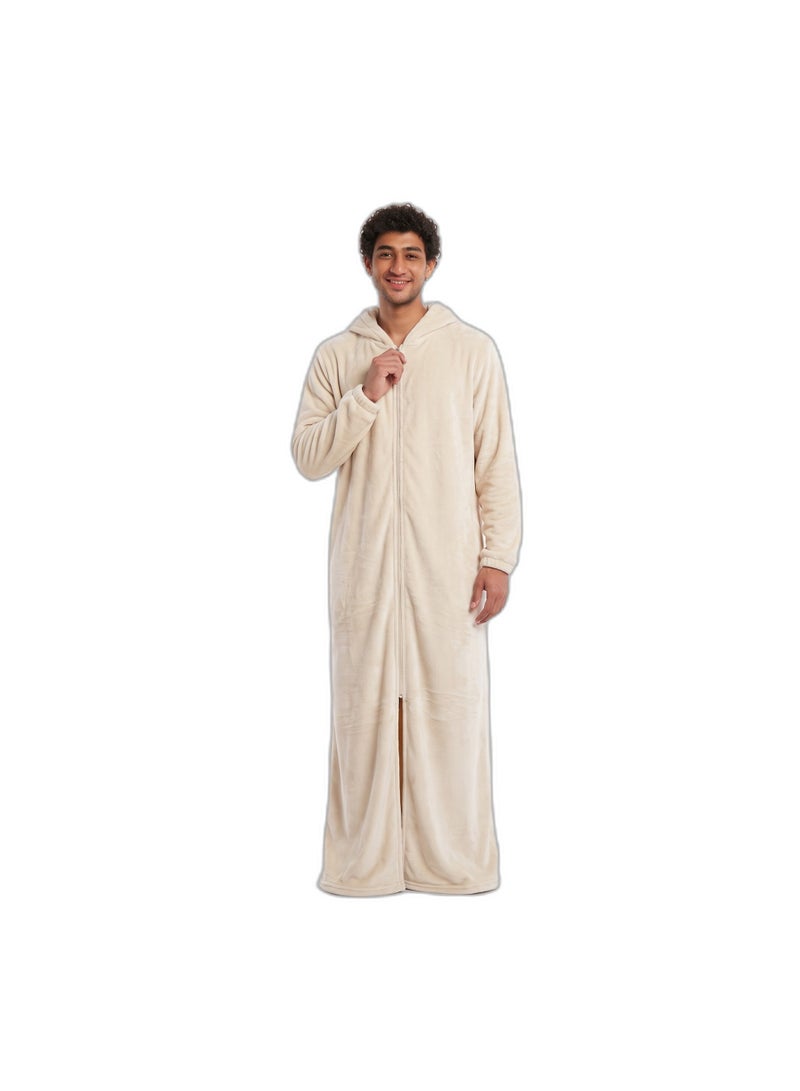 Men's Long Hooded Fleece Robe - Full Zip Plush Lounge Robe with Side Pockets and Elastic Cuffs - Off White