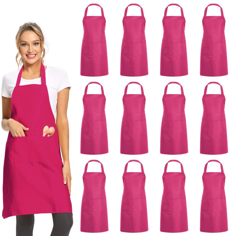 DUSKCOVE 12 Pack Plain Bib Aprons with 2 Pockets  Pink Unisex Commercial Apron Bulk for Kitchen Cooking Restaurant BBQ Painting Crafting