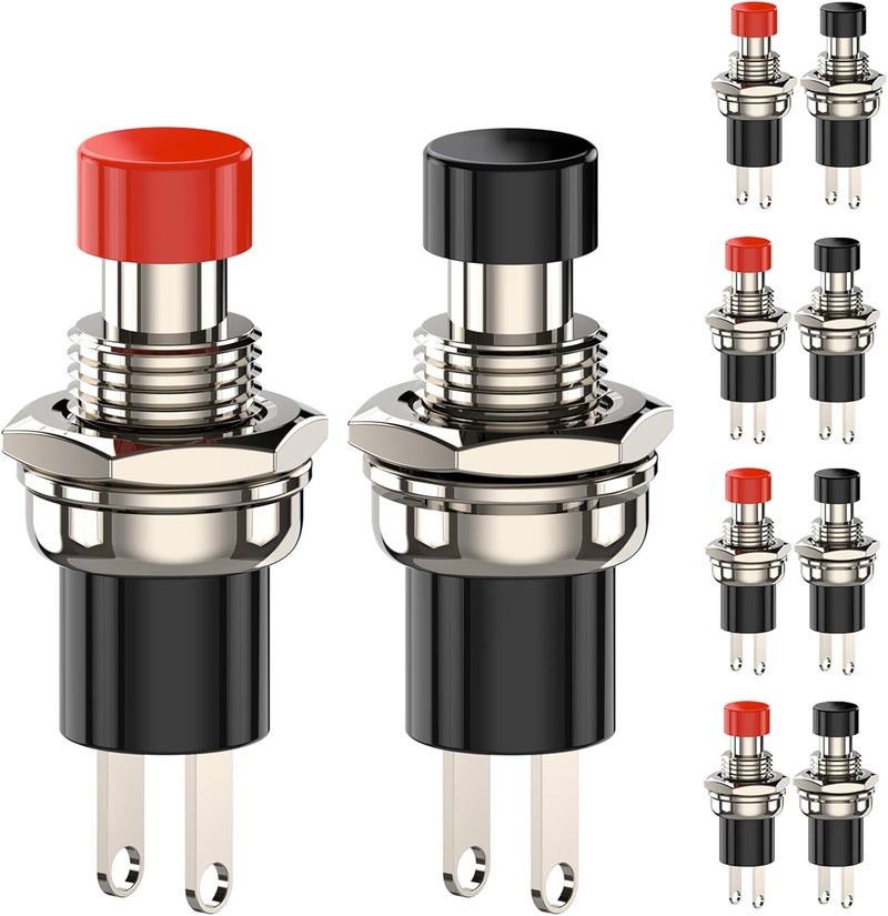DIYhz Momentary Push Button Switch, 1A 250VAC SPST Mini Pushbutton Switches Normally Open(NO) Black & Red Cap - 10pcs - Image 1