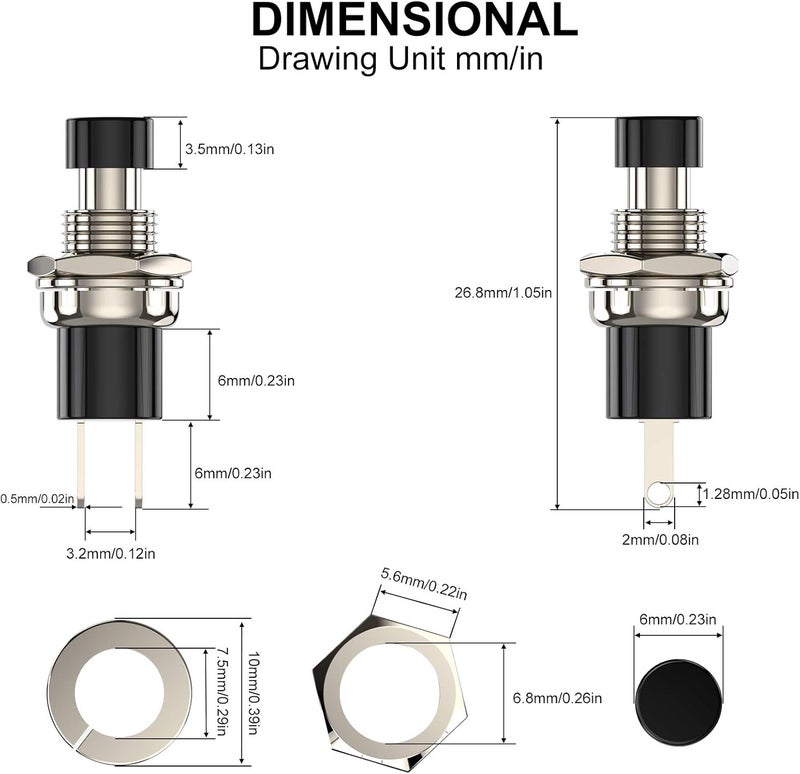 DIYhz Momentary Push Button Switch, 1A 250VAC SPST Mini Pushbutton Switches Normally Open(NO) Black & Red Cap - 10pcs - Image 3