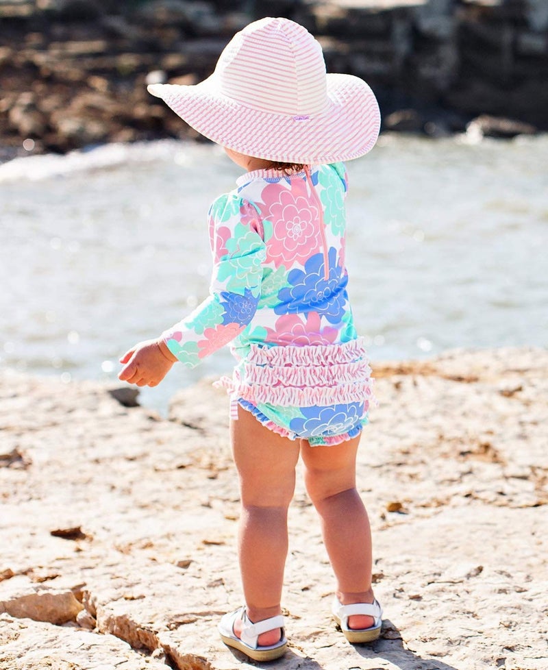 RuffleButtsÂ® Baby/Toddler Girls UPF 50+ Sun Protective Wide Brim Swimwear Sun Hat - Pink Seersucker, 0-12m - Image 3