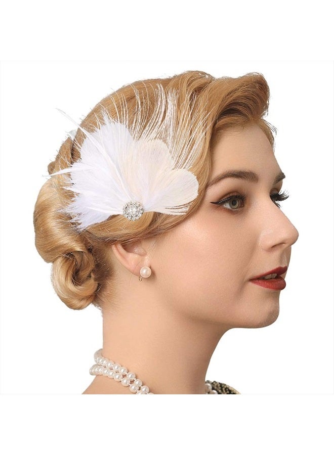 GENBREE White Feather Hair Clip 1920s Flapper Headpiece Crystal Gatsby Headband Prom Party Head Accessories for Women  - Image 1