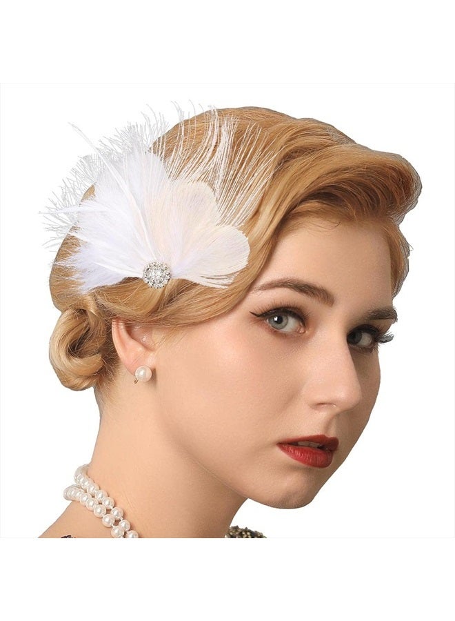 GENBREE White Feather Hair Clip 1920s Flapper Headpiece Crystal Gatsby Headband Prom Party Head Accessories for Women  - Image 4