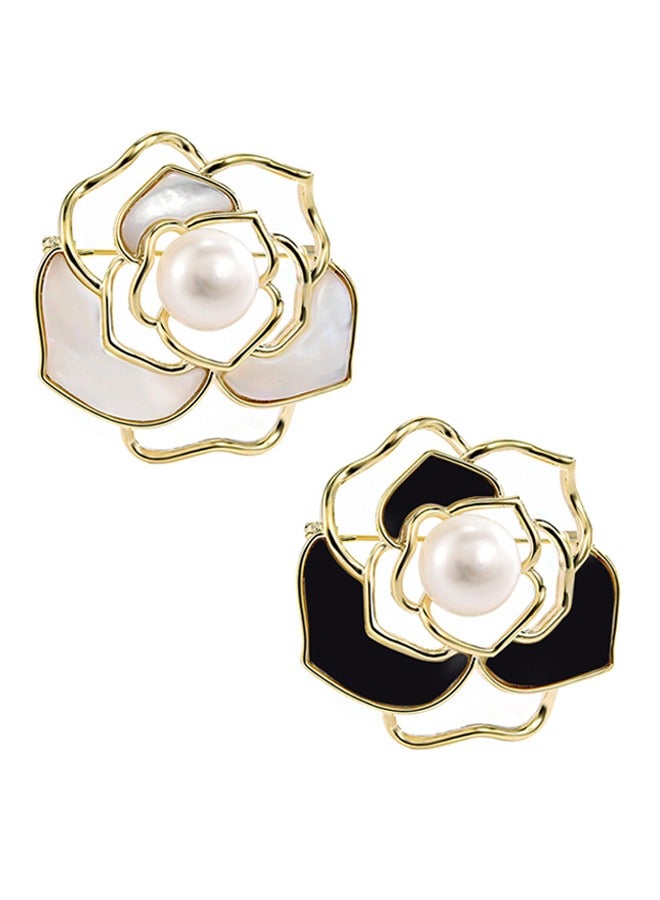 بيوند 2 قطعة بروش كاميليا، دبابيس بروش مصنوعة من خليط معدني مضاد للصدأ والبهتان، مشبك وشاح للنساء والفتيات (أسود + أبيض) - Image 1