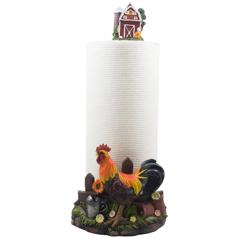 Home 'n Gifts Decorative Farm Rooster Paper Towel Holder with Barn in Rustic Country Kitchen Decor Accessories As Gifts for Farmers 