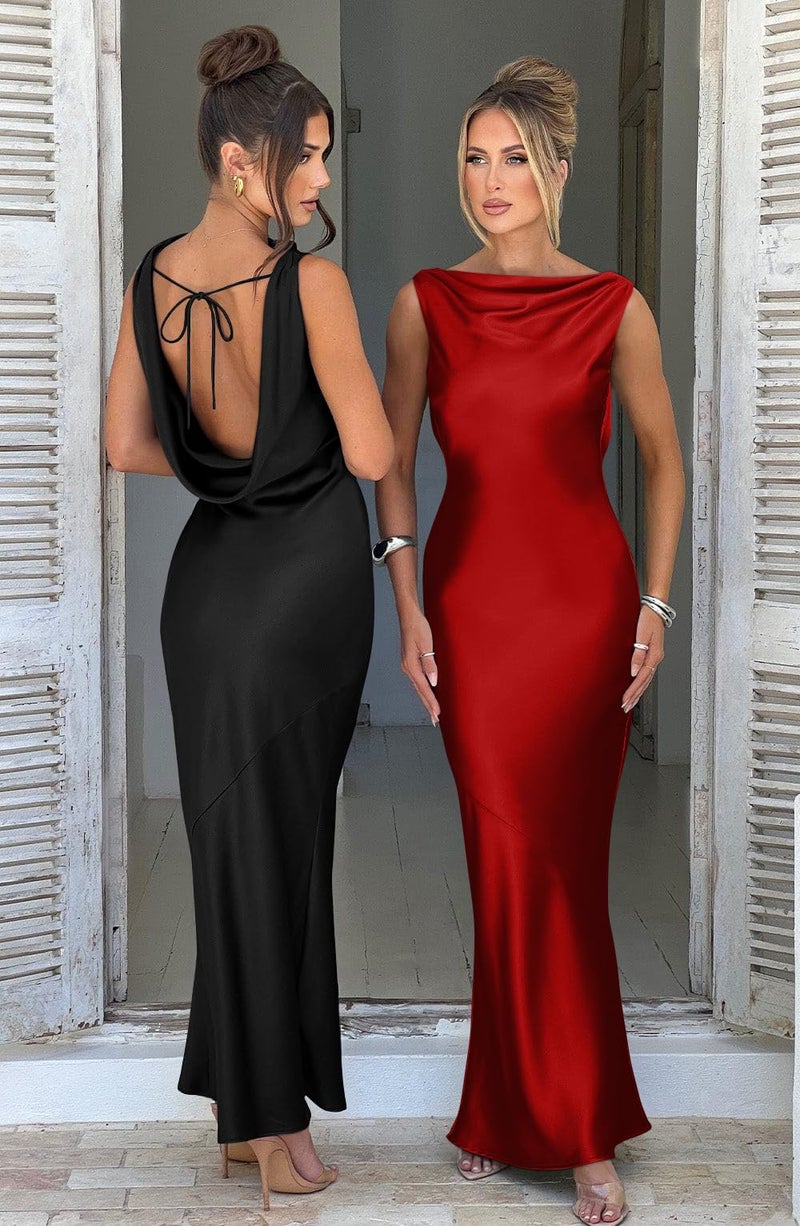 Memoriesea Women's Satin Elegant Sleeveless High Neck Tie Cocktail Party Maxi Dress Red - Image 5