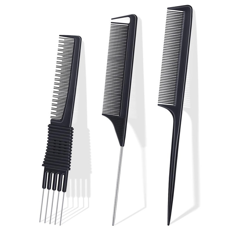 TsMADDTs Rat Tail Combs for Women and Men 3PCS Hair Combs Set for Braiding Parting Styling Fine Tooth Black